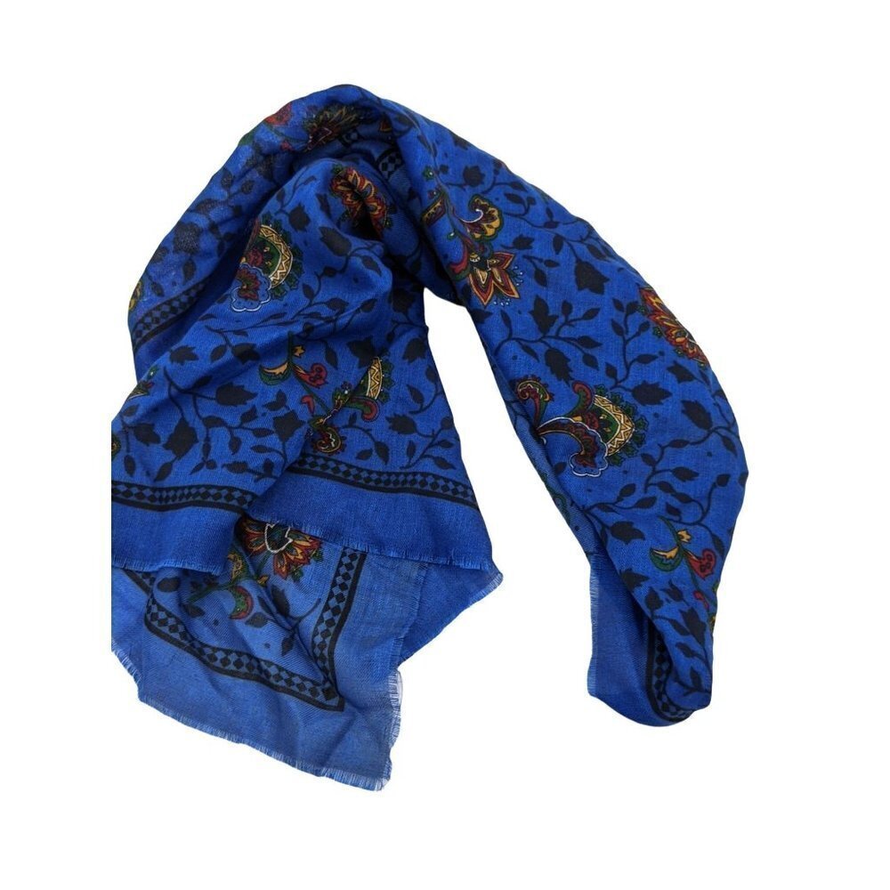 Vintage Blue Floral Paisley Square Scarf Made in Japan Acrylic Fringed RN13962‎